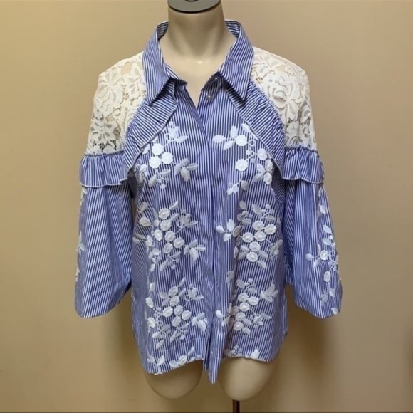 Hilary Radley Blue Striped Button Down with embroidered floral, lace , ruffles - Picture 1 of 10